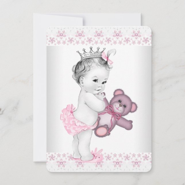 Invitación Ducha de Bebé Princesa Oso de Peluche Rosa (Anverso)