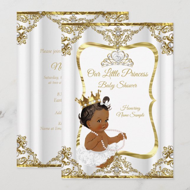 Invitación Ducha de Bebé Princesa Perla Blanca Dorada Étnica (Anverso / Reverso)