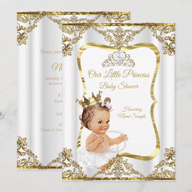 Invitación Ducha de Bebé Princesa Perla Blanca Dorada Morena (Anverso / Reverso)