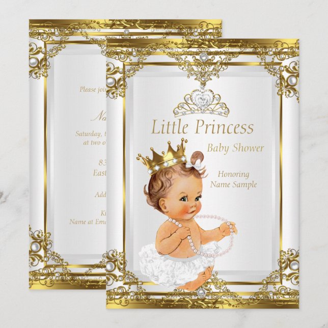 Invitación Ducha de bebé princesa perla blanca oro Morena (Anverso / Reverso)
