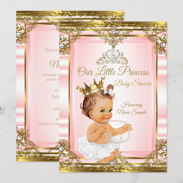Invitación Ducha de Bebé Princesa Perla Blanca Oro Rosa Luz (Anverso / Reverso)