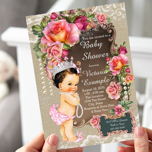 Invitación Ducha de bebé Princesa Perla Encaje Arpillera Rúst (Subido por el creador)