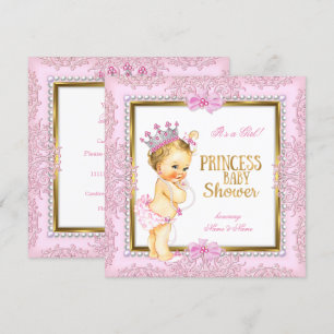 Invitación Ducha de Bebé Princesa Perlas Rosadas Encaje Rubio