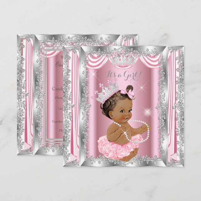Invitación Ducha de Bebé Princesa Rosa Bailarina de Plata Osc (Anverso / Reverso)