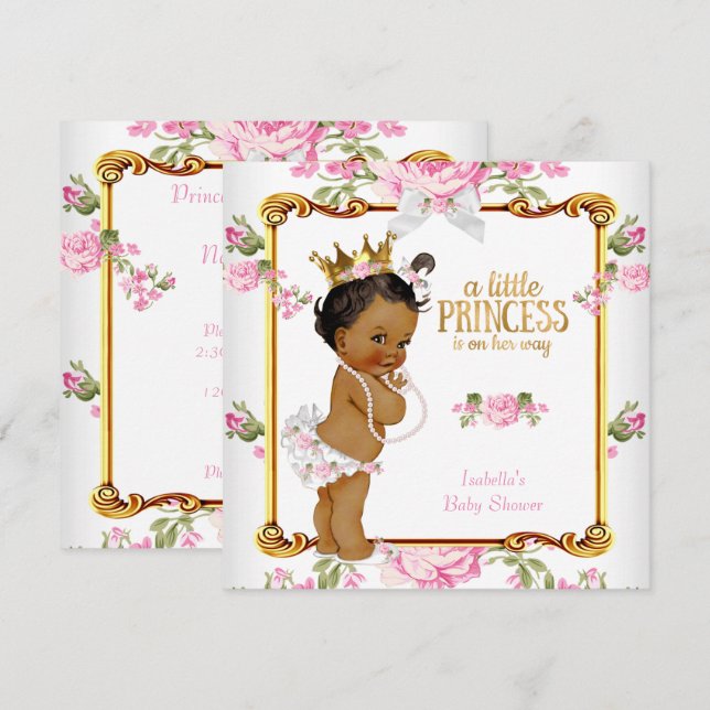 Invitación Ducha de Bebé Princesa Rosa Blanco Floral Étnico (Anverso / Reverso)