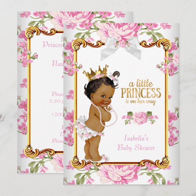 Invitación Ducha de Bebé Princesa Rosa Blanco Floral Étnico 2 (Anverso / Reverso)