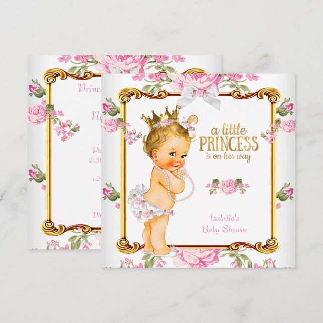 Invitación Ducha de Bebé Princesa Rosa Blanco Floral Niña Rub (Anverso / Reverso)