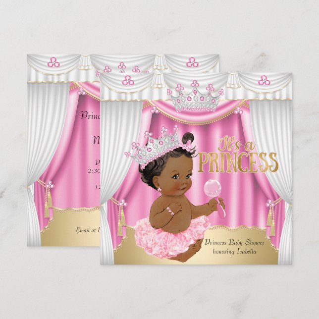 Invitación Ducha de Bebé Princesa Rosa Blanco Joya Dorada Étn (Anverso / Reverso)