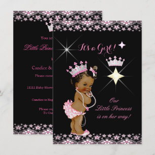 Invitación Ducha de Bebé Princesa Rosa Corona Étnica Negra