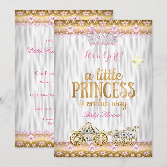 Invitación Ducha de Bebé Princesa Rosa Dorado Blanco Carruaje (Anverso / Reverso)