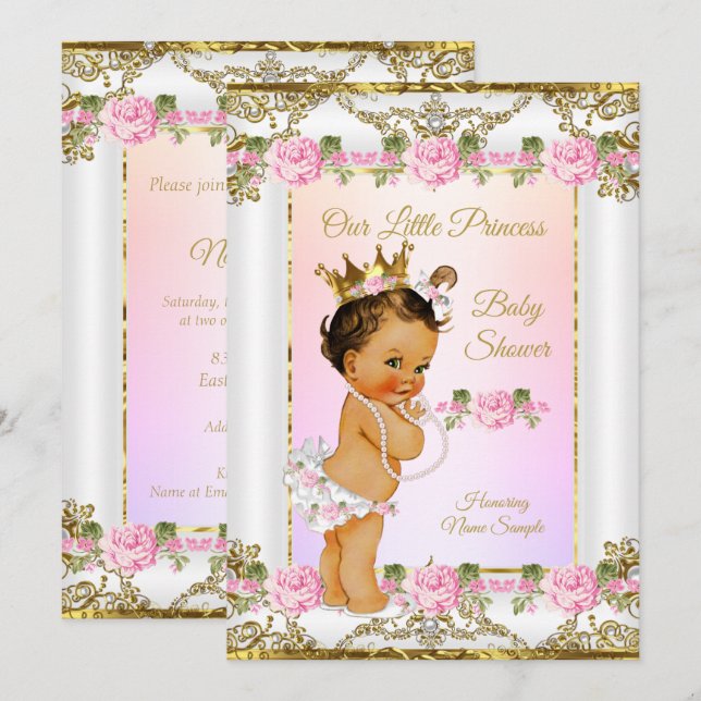 Invitación Ducha de Bebé Princesa Rosa Dorado Blanco Morena (Anverso / Reverso)
