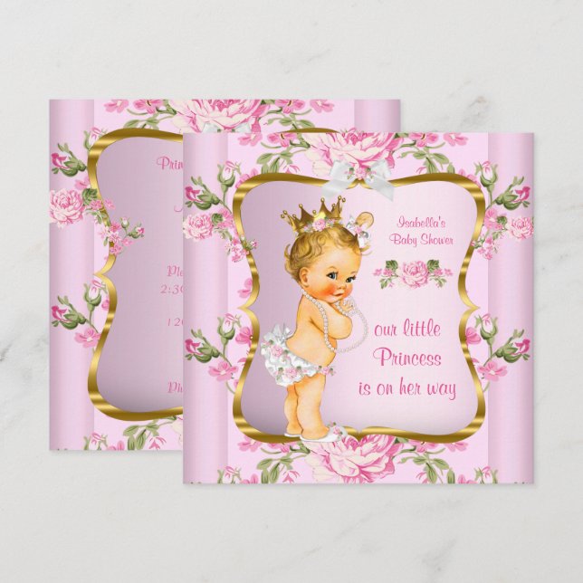 Invitación Ducha de Bebé Princesa Rosa Dorado Floral Rubia (Anverso / Reverso)