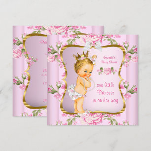Invitación Ducha de Bebé Princesa Rosa Dorado Floral Rubia