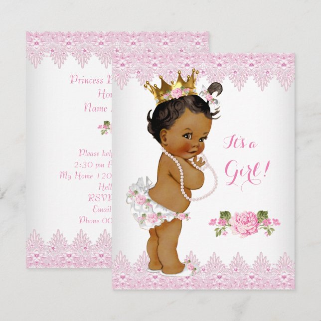 Invitación Ducha de Bebé Princesa Rosa Encaje Blanco Étnico (Anverso / Reverso)