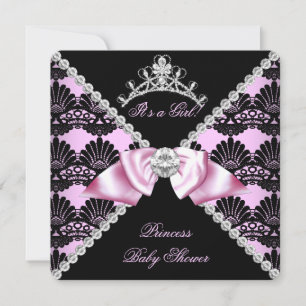 Invitación Ducha de Bebé Princesa Rosa Encaje Negro Diamante