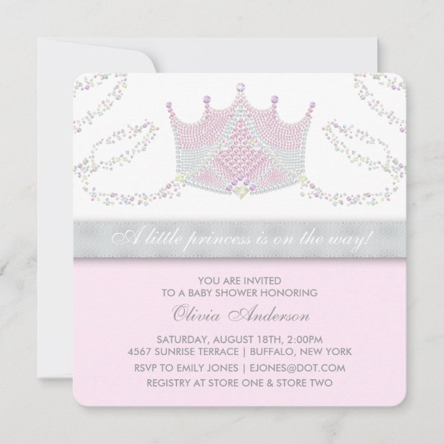 Invitación Ducha de Bebé Princesa Rosa Gris Tiara (Anverso)