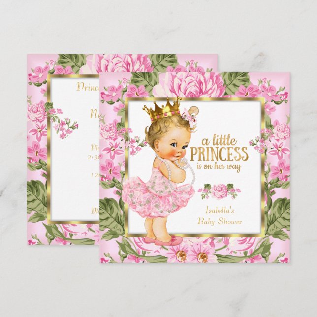 Invitación Ducha de Bebé Princesa Rosa Oro Rosa Floral Rubia (Anverso / Reverso)