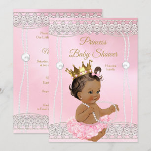 Invitación Ducha de bebé princesa rosa perla encaje morena