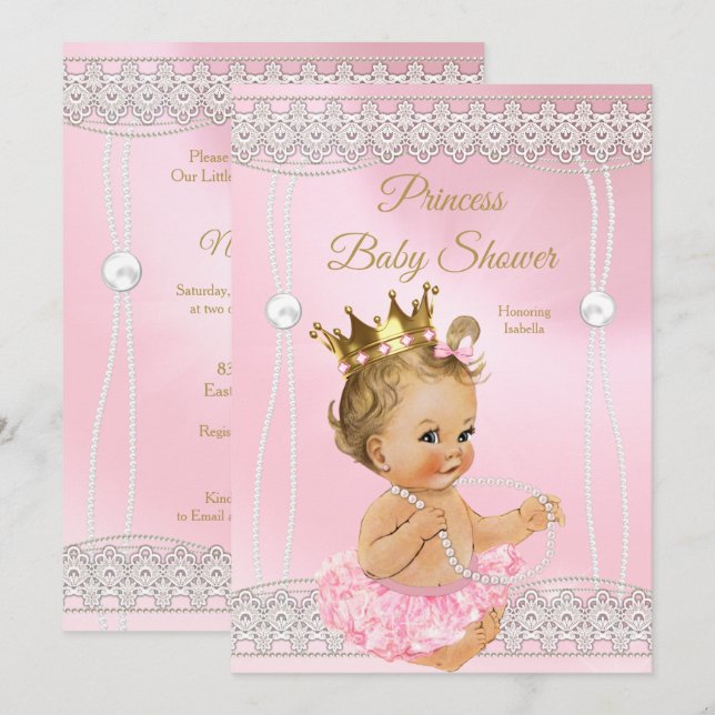 Invitación Ducha de bebé princesa rosa perla encaje rubia (Anverso / Reverso)