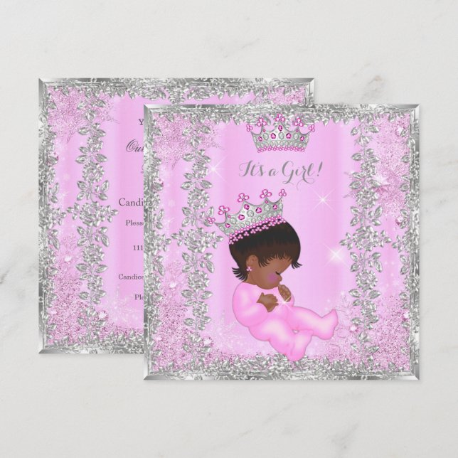Invitación Ducha de Bebé Princesa Rosa Plateado Afroamericana (Anverso / Reverso)
