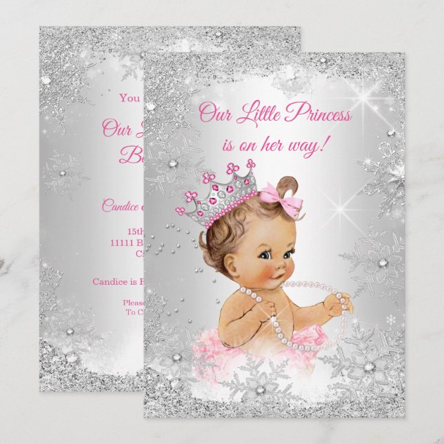 Invitación Ducha de Bebé Princesa Rosa Plateado Invierno mara (Anverso / Reverso)