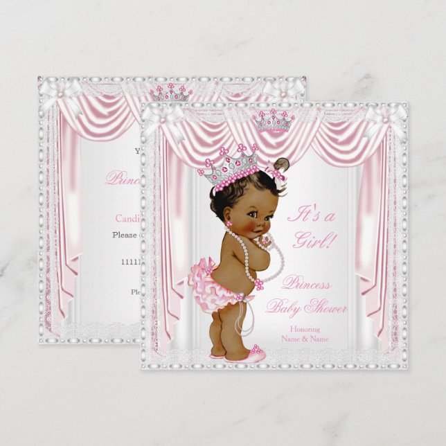 Invitación Ducha de bebé princesa rosa satén encaje piel oscu (Anverso / Reverso)