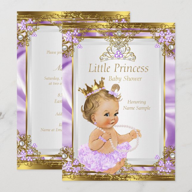 Invitación Ducha de Bebé Princesa Rubia Lavanda Oro Blanco (Anverso / Reverso)