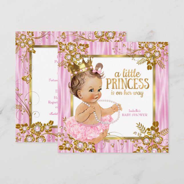 Invitación Ducha de Bebé Princesa Seda Rosa Floral Morena (Anverso / Reverso)