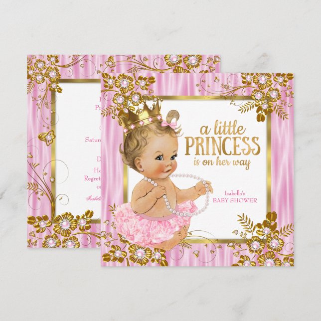 Invitación Ducha de Bebé Princesa Seda Rosa Floral Rubia (Anverso / Reverso)