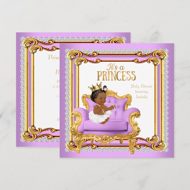 Invitación Ducha de Bebé Princesa Silla Lila Rosa Oro Étnico (Anverso / Reverso)