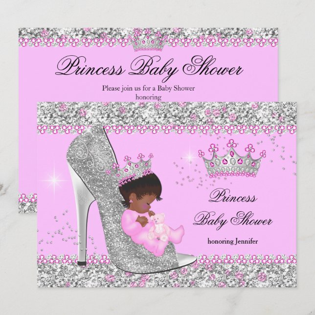 Invitación Ducha de Bebé Princesa Tacón Alto Plateado Étnico (Anverso / Reverso)