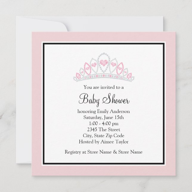Invitación Ducha de Bebé Princesa Tiara Rosa Princesa (Anverso)