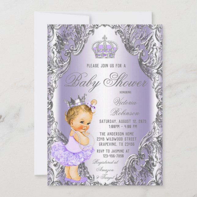 Invitación Ducha de Bebé Princesa Tutú de Plata Lavanda (Anverso)