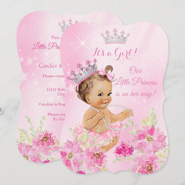 Invitación Ducha de Bebé Princesa Tutú Floral Rosa Morena (Anverso / Reverso)