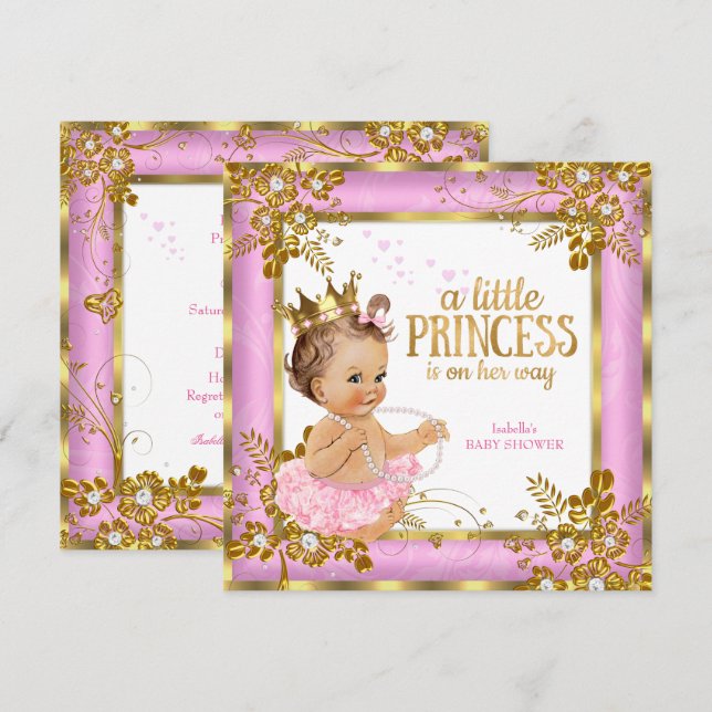 Invitación Ducha de Bebé Princesa Tutú Rosa Floral Morena (Anverso / Reverso)