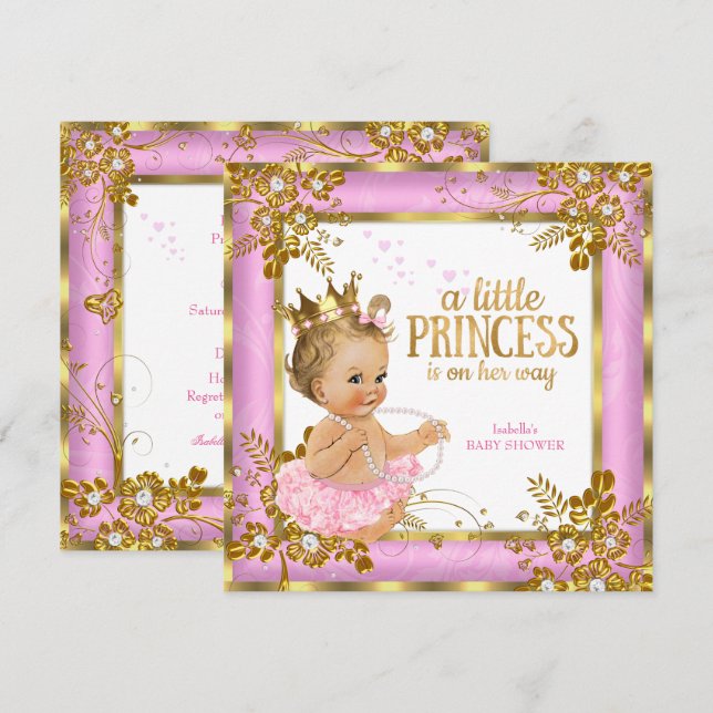 Invitación Ducha de Bebé Princesa Tutú Rosa Floral Rubia (Anverso / Reverso)