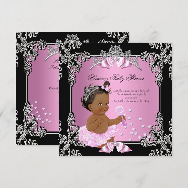 Invitación Ducha de Bebé Princesa Tutú Rosa Negro Étnico (Anverso / Reverso)