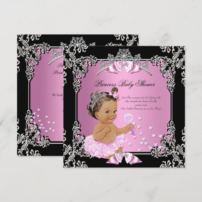 Invitación Ducha de Bebé Princesa Tutú Rosa Negro Morena (Anverso / Reverso)