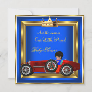 Invitación Ducha de bebé príncipe azul oro niño rojo coche de
