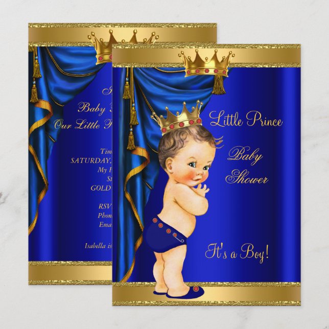 Invitación Ducha de bebé príncipe Azul Oro Rojo Moreno (Anverso / Reverso)
