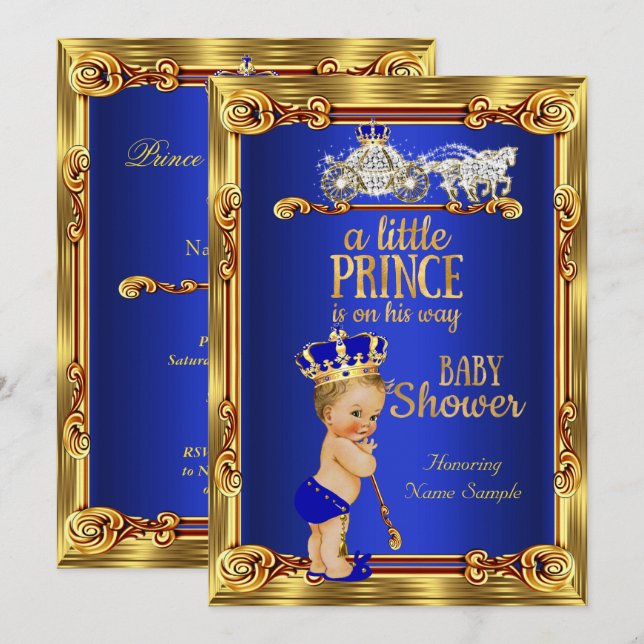 Invitación Ducha de bebé Príncipe Azul Real Carruaje Rubio (Anverso / Reverso)