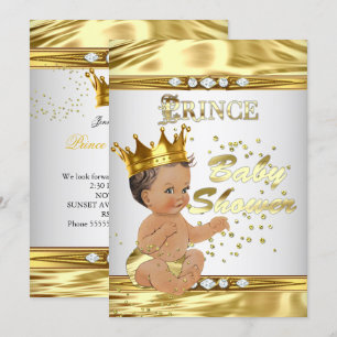 Invitación Ducha de bebé príncipe blanco hoja de oro morena