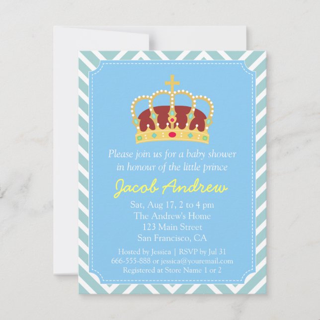 Invitación Ducha de bebé Príncipe Corona Chevron Azul Blanco (Anverso)
