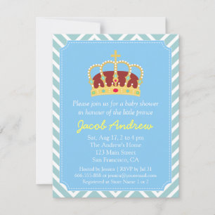 Invitación Ducha de bebé Príncipe Corona Chevron Azul Blanco