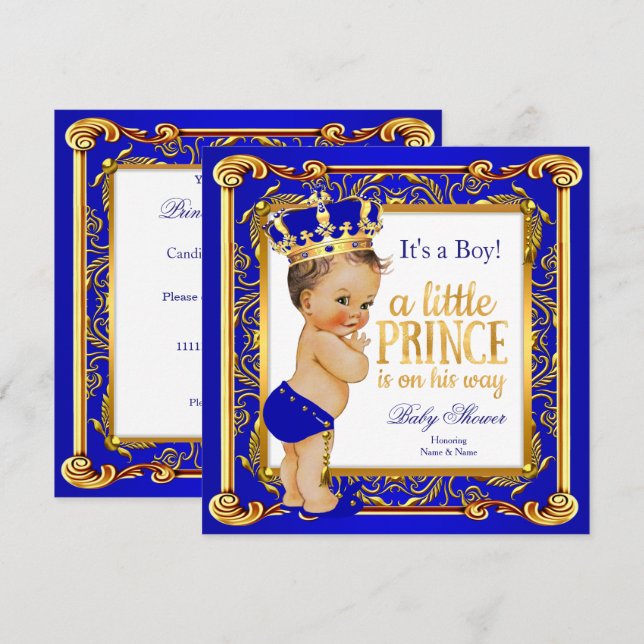 Invitación Ducha de bebé Príncipe Damask Azul Oro Morena (Anverso / Reverso)