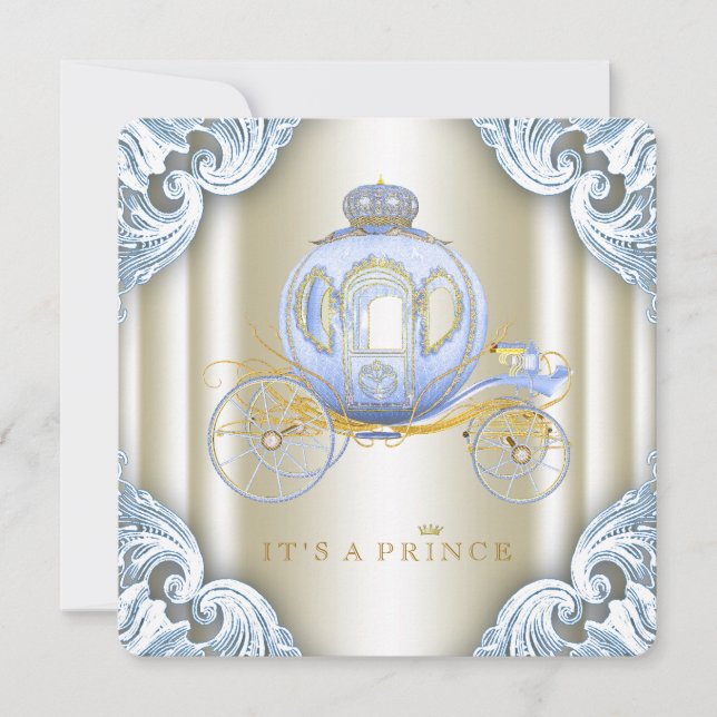 Invitación Ducha de bebé príncipe en azul y dorado (Anverso)