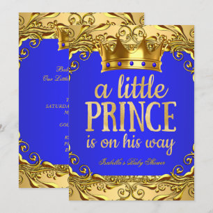 Invitación Ducha de Bebé Príncipe en camino Oro Azul Real