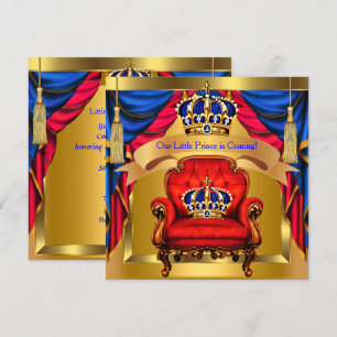 Invitación Ducha de bebé príncipe niño azul real rojo dorado