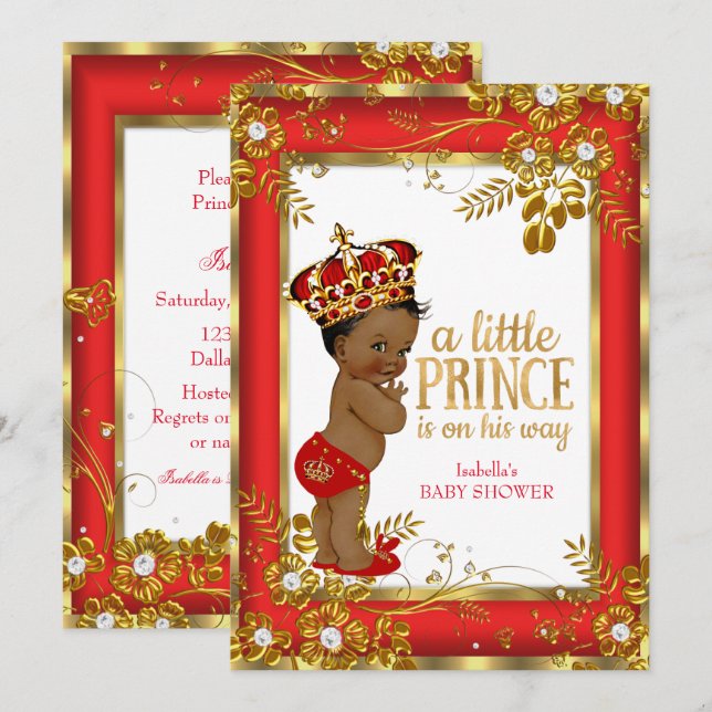 Invitación Ducha de bebé príncipe Rojo Dorado Blanco Étnico (Anverso / Reverso)