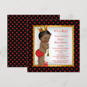 Invitación Ducha de bebé Príncipe Rojo Dorado Negro Niño Étni